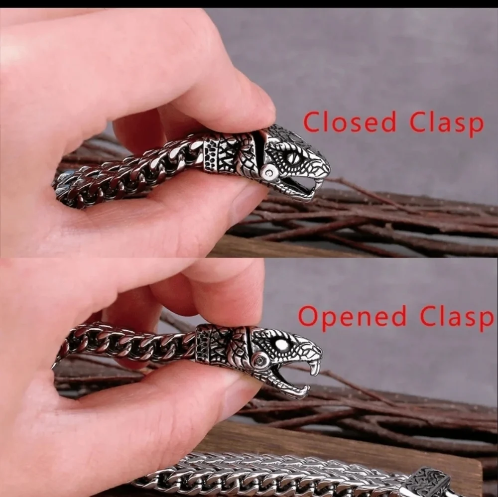 Nordic Viking Stainless Steel Snake Head Men Bracelet 9" - Picture 2 of 7